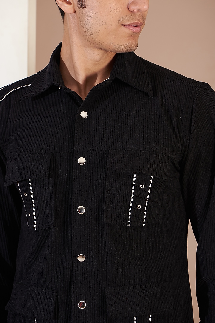 Black Italian Corduroy Zippered Jacket by Label Mukund Taneja at Pernia's Pop Up Shop