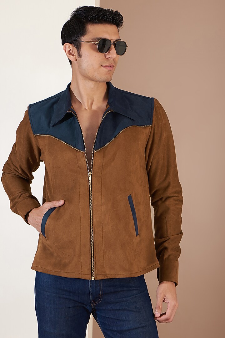 Brown Suede Patchwork Jacket by Label Mukund Taneja at Pernia's Pop Up Shop