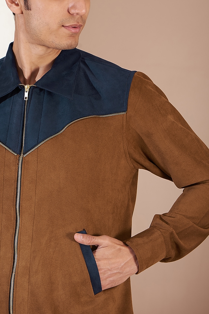 Brown Suede Patchwork Jacket by Label Mukund Taneja at Pernia's Pop Up Shop