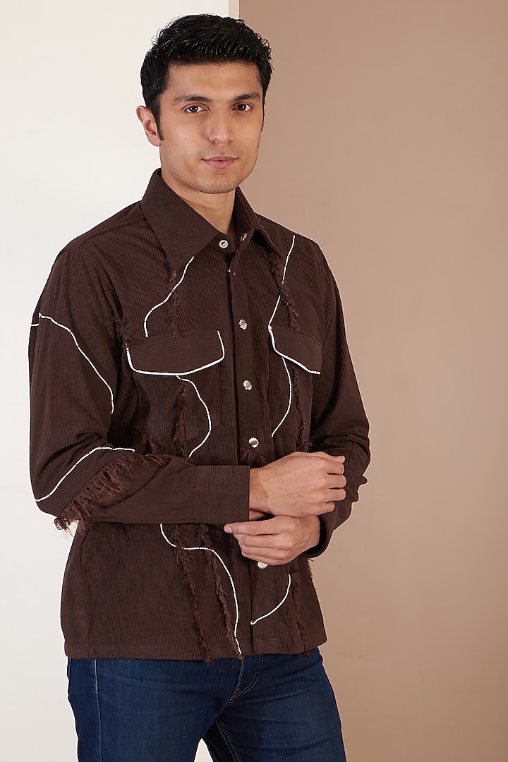 Brown Corduroy Embroidered Jacket by Label Mukund Taneja