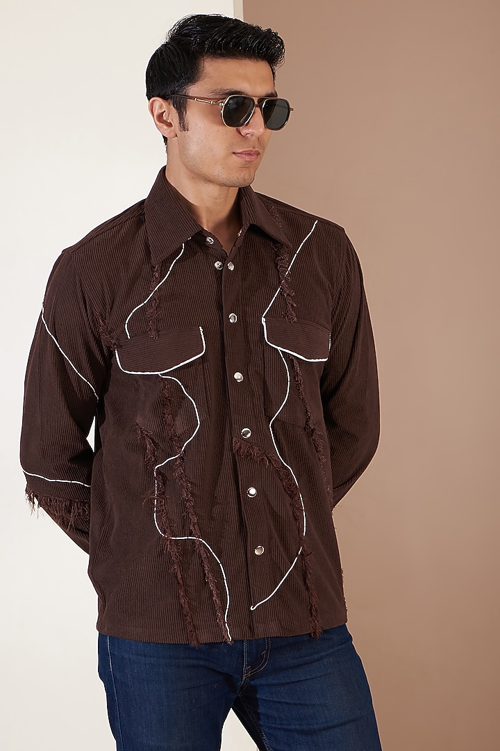 Brown Corduroy Embroidered Jacket by Label Mukund Taneja at Pernia's Pop Up Shop