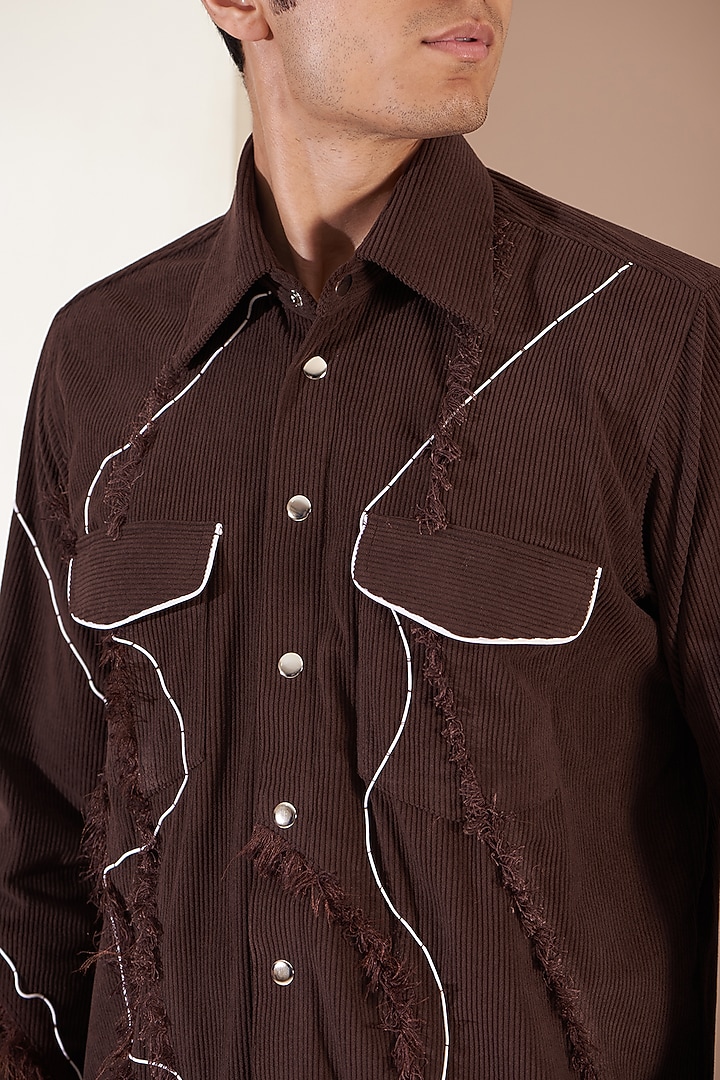 Brown Corduroy Embroidered Jacket by Label Mukund Taneja at Pernia's Pop Up Shop