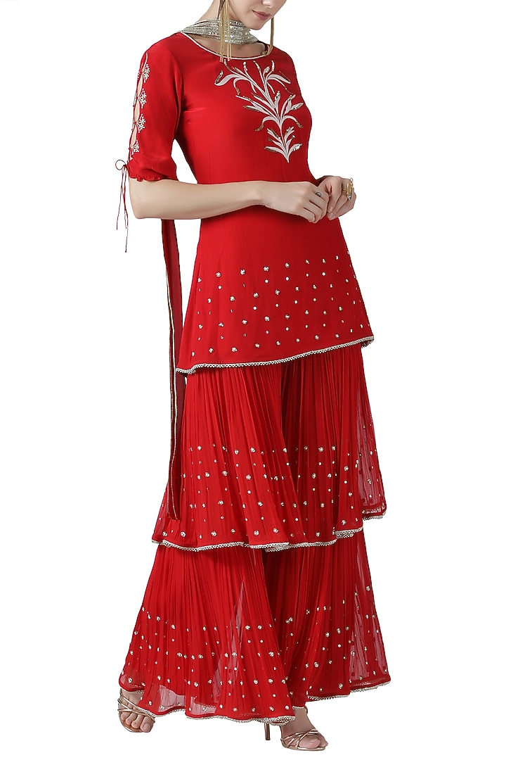 Red Silk Georgette Pearl Embroidered Gharara Set by Limerick By Abirr N' Nanki at Pernia's Pop Up Shop
