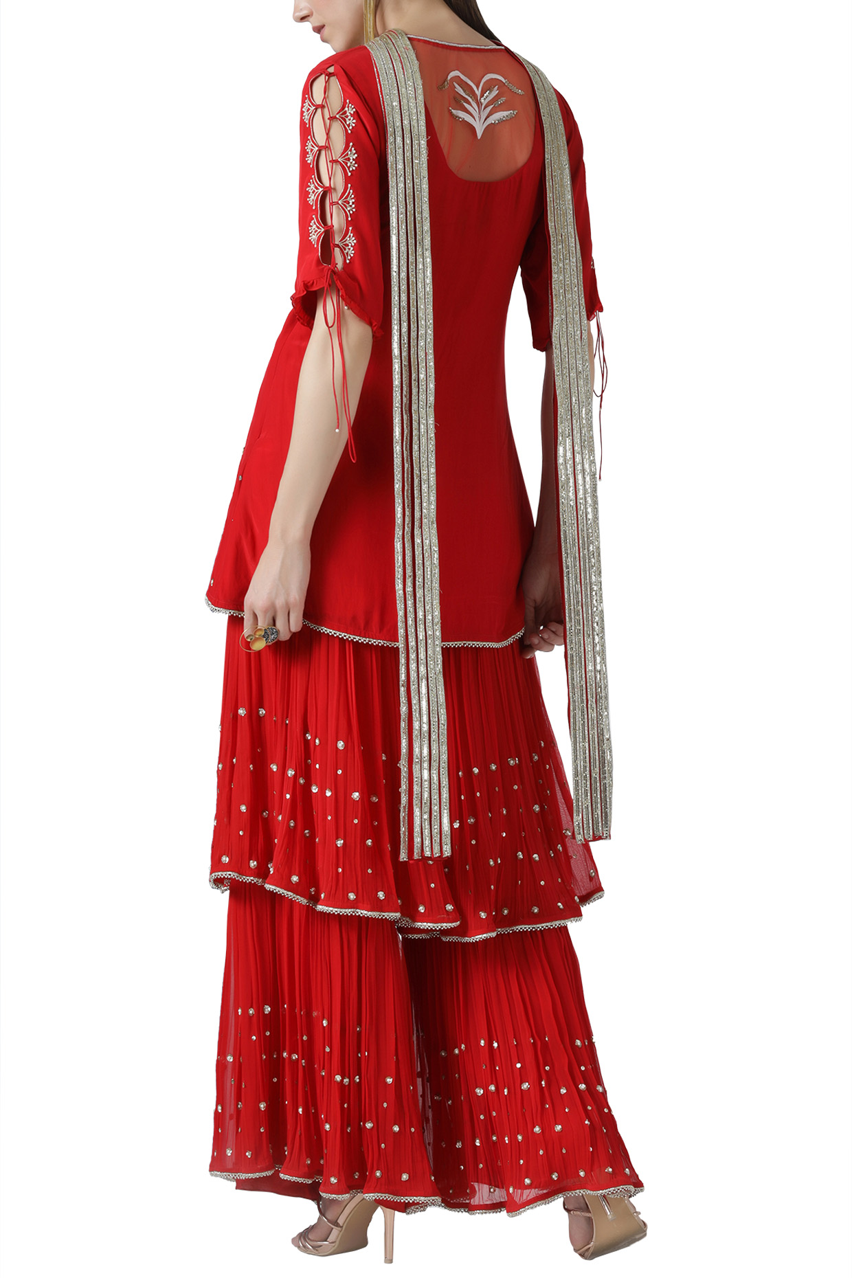 Red Silk Georgette Pearl Embroidered Gharara Set by Limerick By Abirr N' Nanki at Pernia's Pop Up Shop