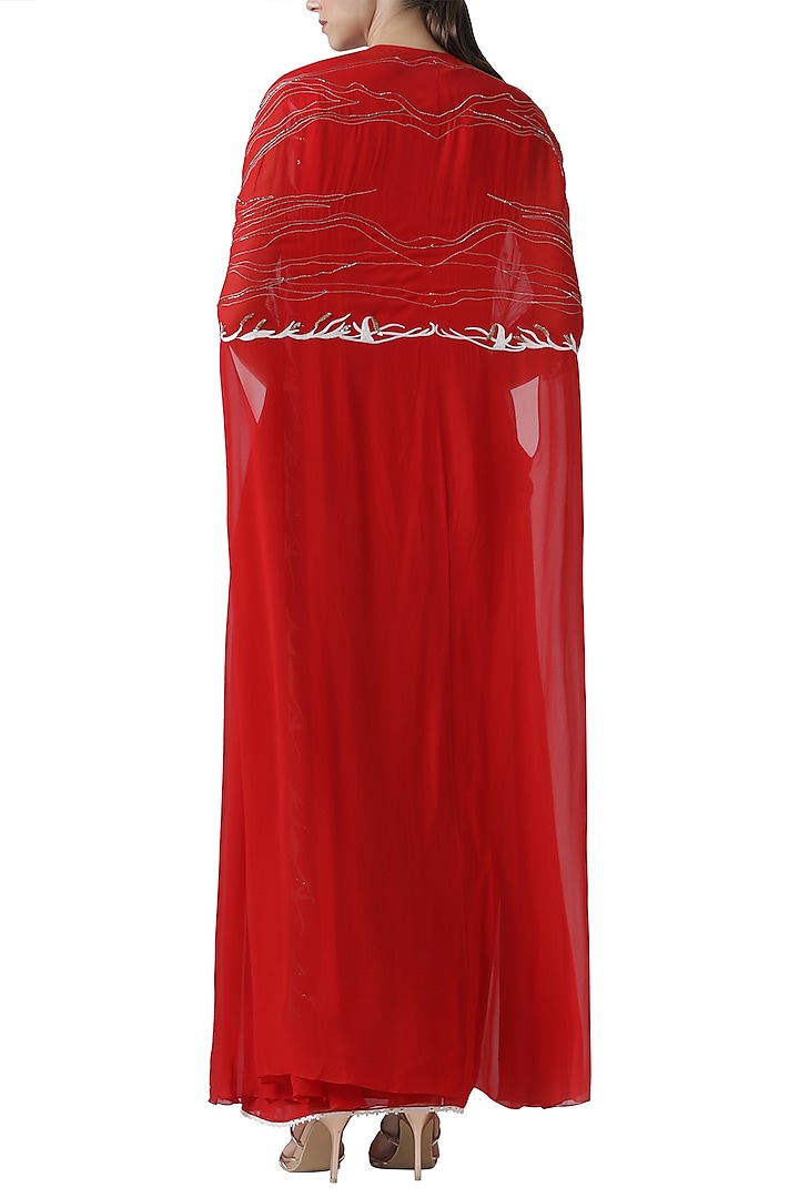 Red embroidered drape saree with cape by Limerick By Abirr N' Nanki