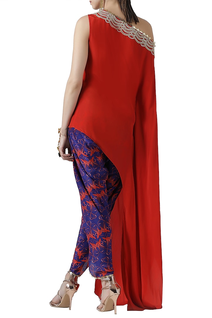 Red embroidered asymmetrical kurta with tulip pants by Limerick By Abirr N' Nanki