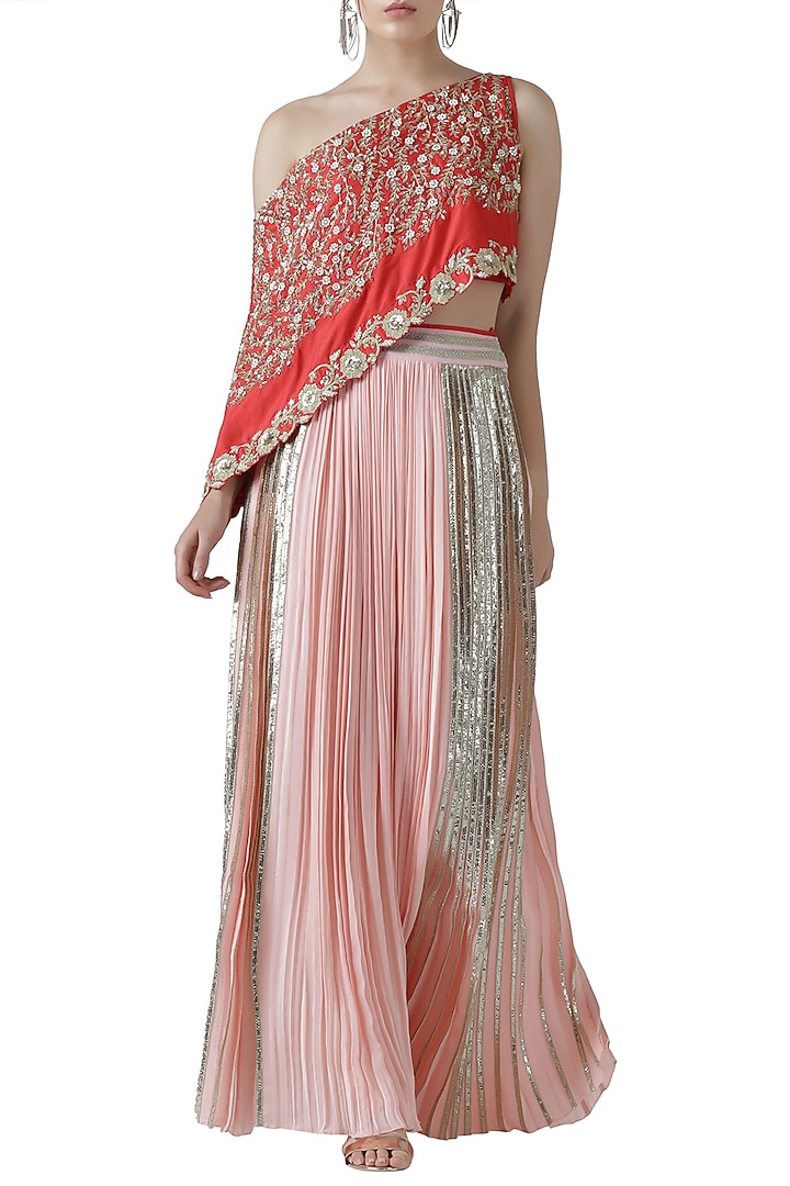Red embroidered one shoulder kurta with skirt by Limerick By Abirr N' Nanki at Pernia's Pop Up Shop