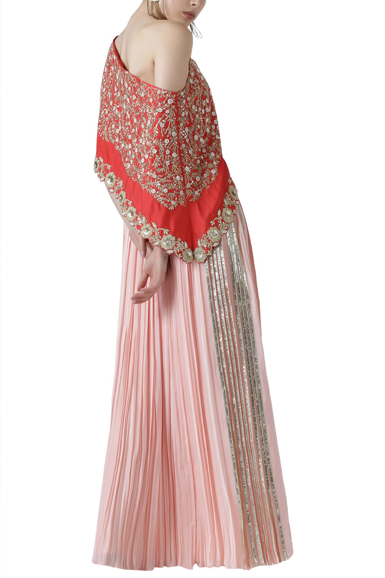 Red embroidered one shoulder kurta with skirt by Limerick By Abirr N' Nanki at Pernia's Pop Up Shop