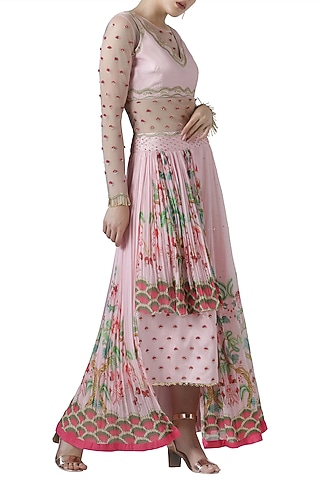 Pink embroidered asymmetrical lehenga set by Limerick By Abirr N' Nanki