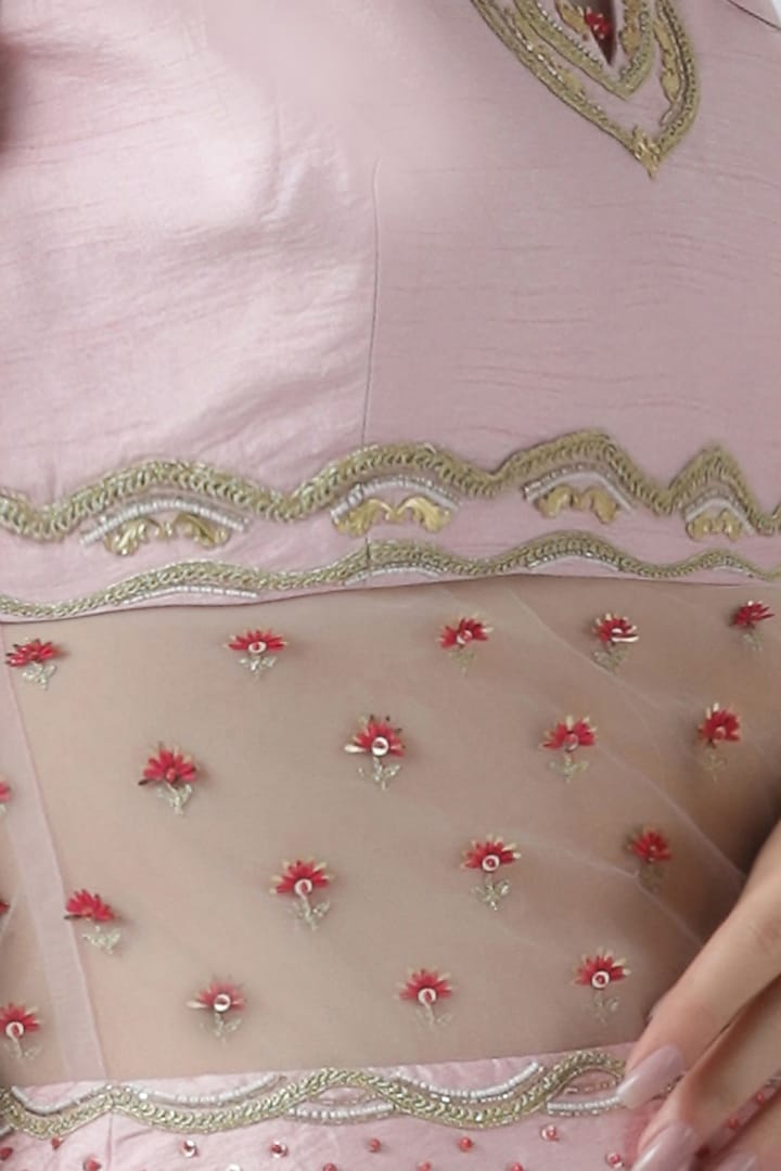 Pink embroidered asymmetrical Wedding Lehenga set by Limerick By Abirr N' Nanki at Pernia's Pop Up Shop