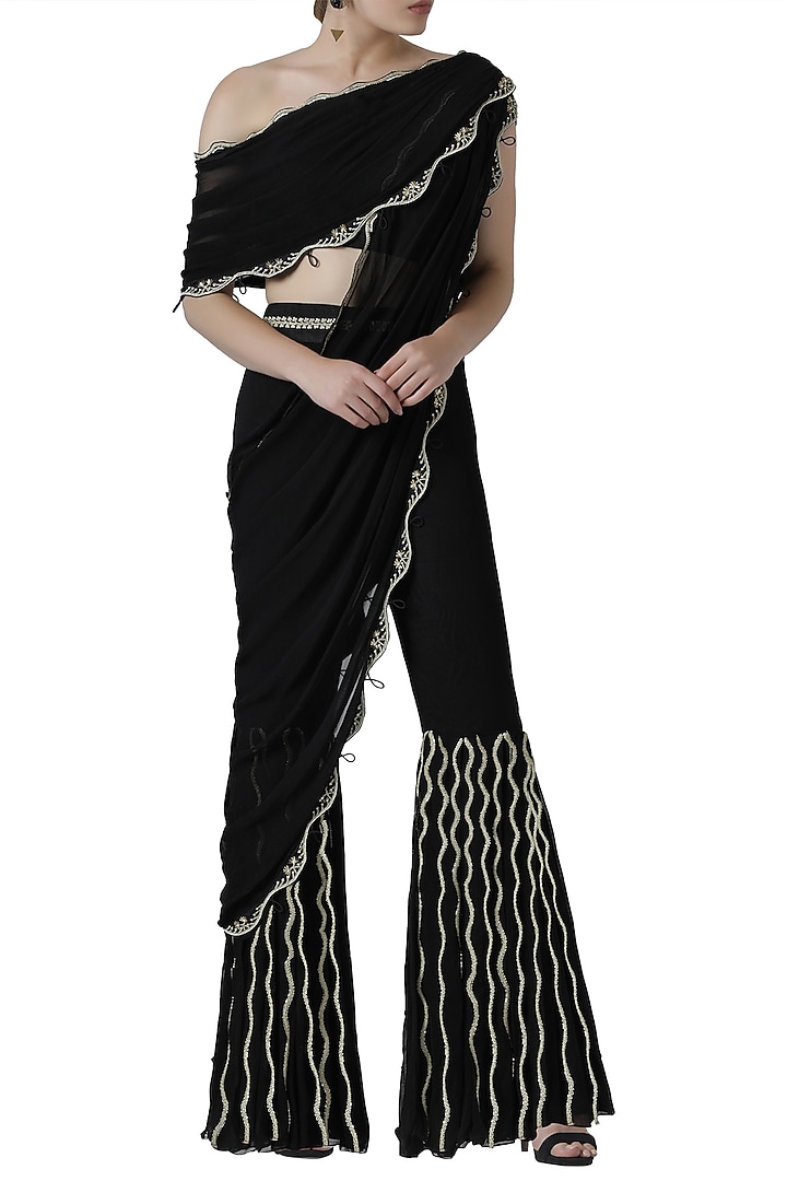 Black embroidered drape top with pleated pants by Limerick By Abirr N' Nanki at Pernia's Pop Up Shop