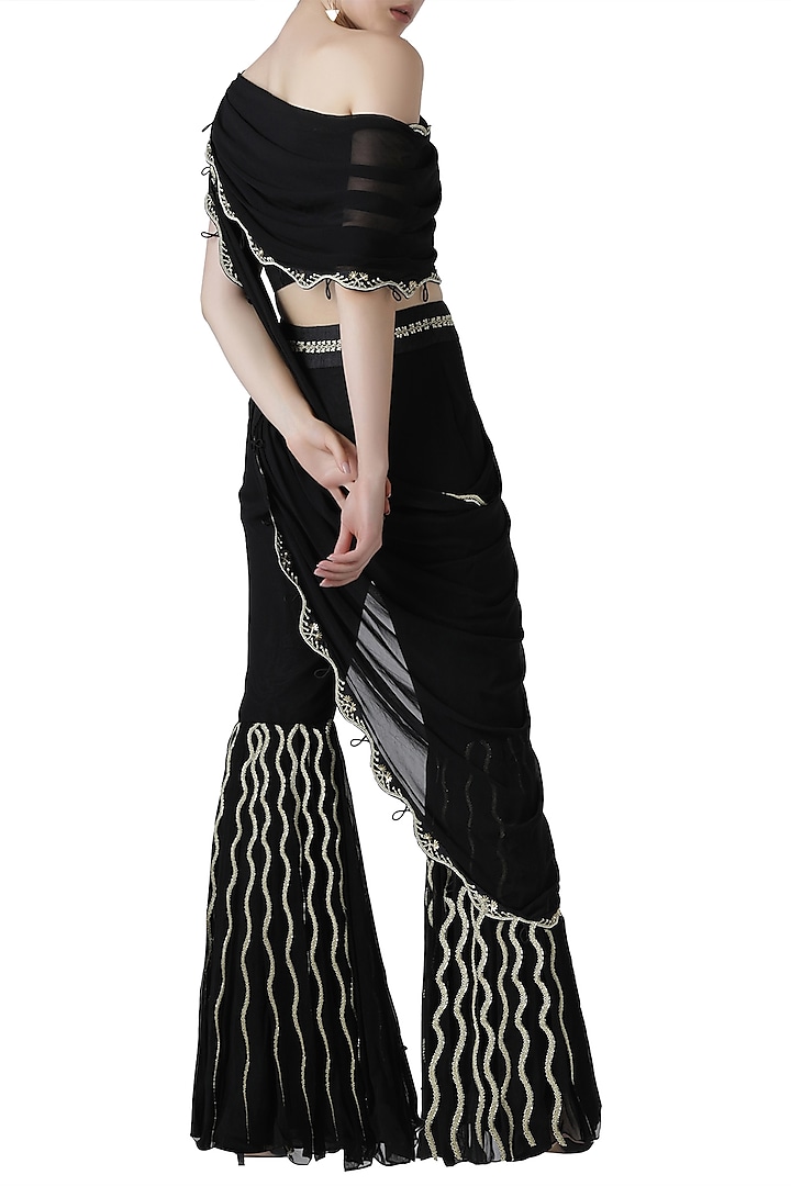 Black embroidered drape top with pleated pants by Limerick By Abirr N' Nanki