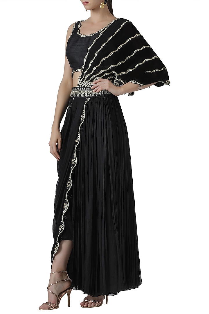 Black embroidered drape Lehenga set by Limerick By Abirr N' Nanki at Pernia's Pop Up Shop
