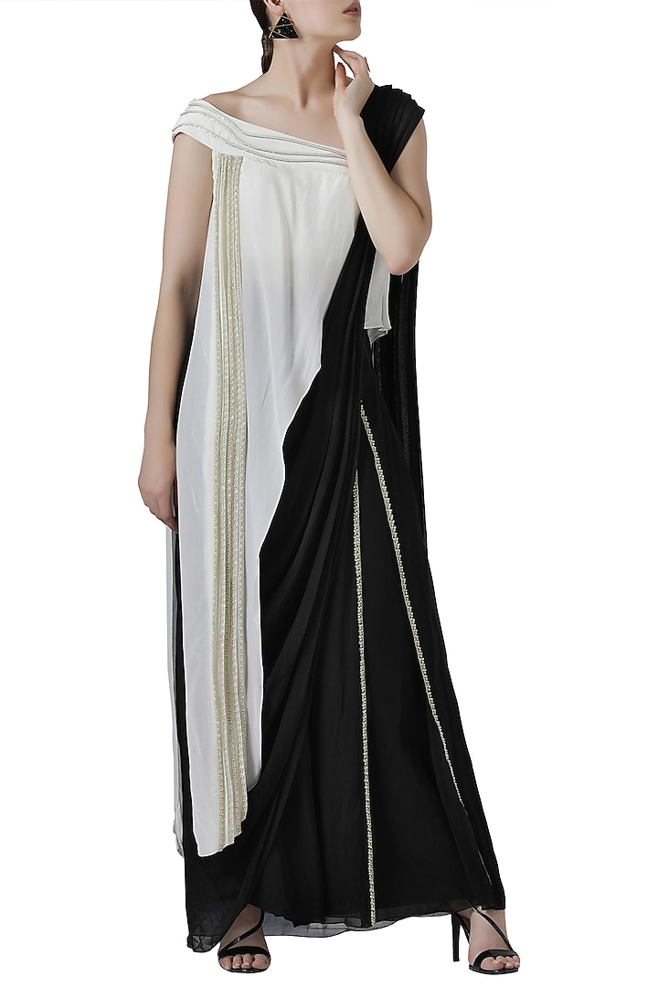 Ivory & Black Silk Georgette Box Pleated Draped Pant Party Wear Saree Set by Limerick By Abirr N' Nanki at Pernia's Pop Up Shop