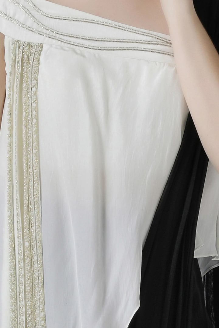 Ivory & Black Silk Georgette Box Pleated Draped Pant Party Wear Saree Set by Limerick By Abirr N' Nanki at Pernia's Pop Up Shop