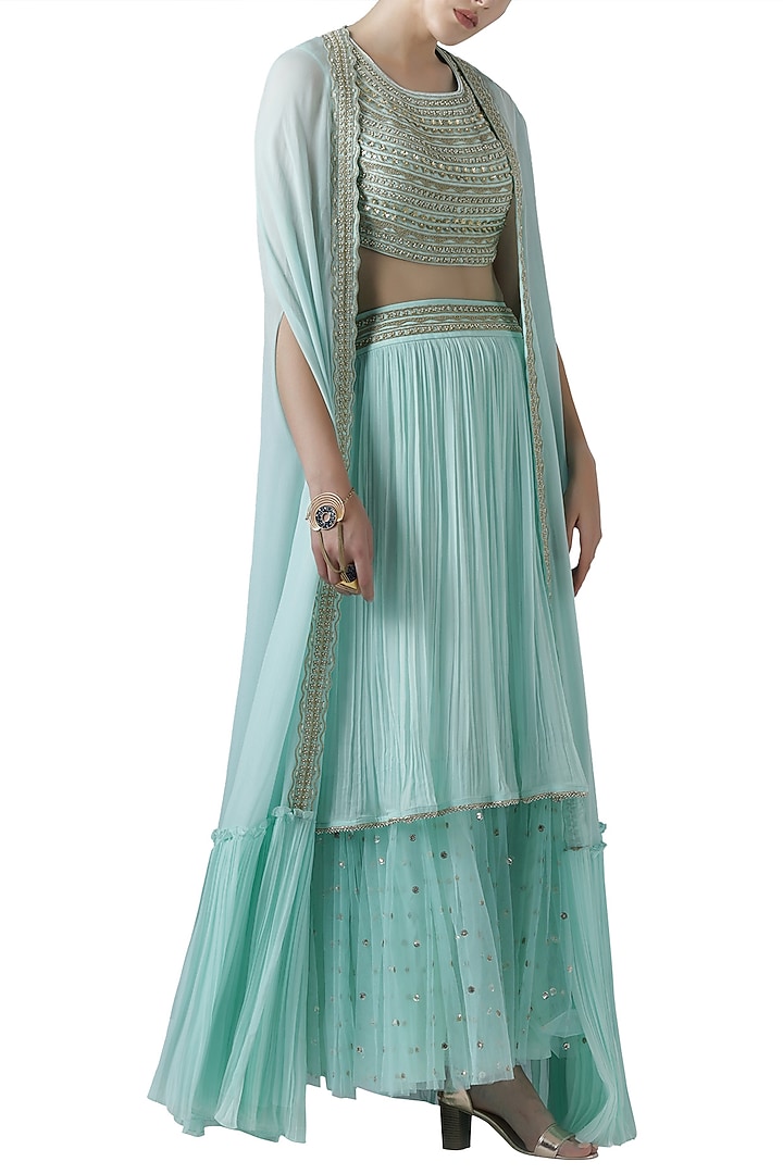 Mint embroidered lehenga skirt with blouse and cape by Limerick By Abirr N' Nanki at Pernia's Pop Up Shop