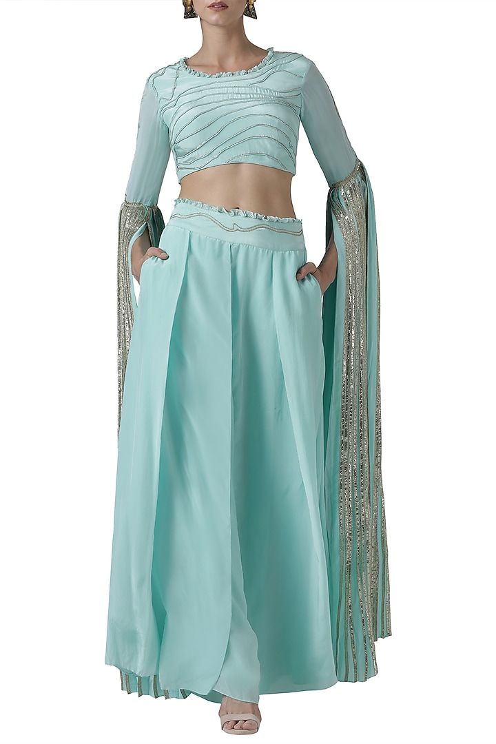 Mint embroidered blouse with palazzo pants by Limerick By Abirr N' Nanki at Pernia's Pop Up Shop