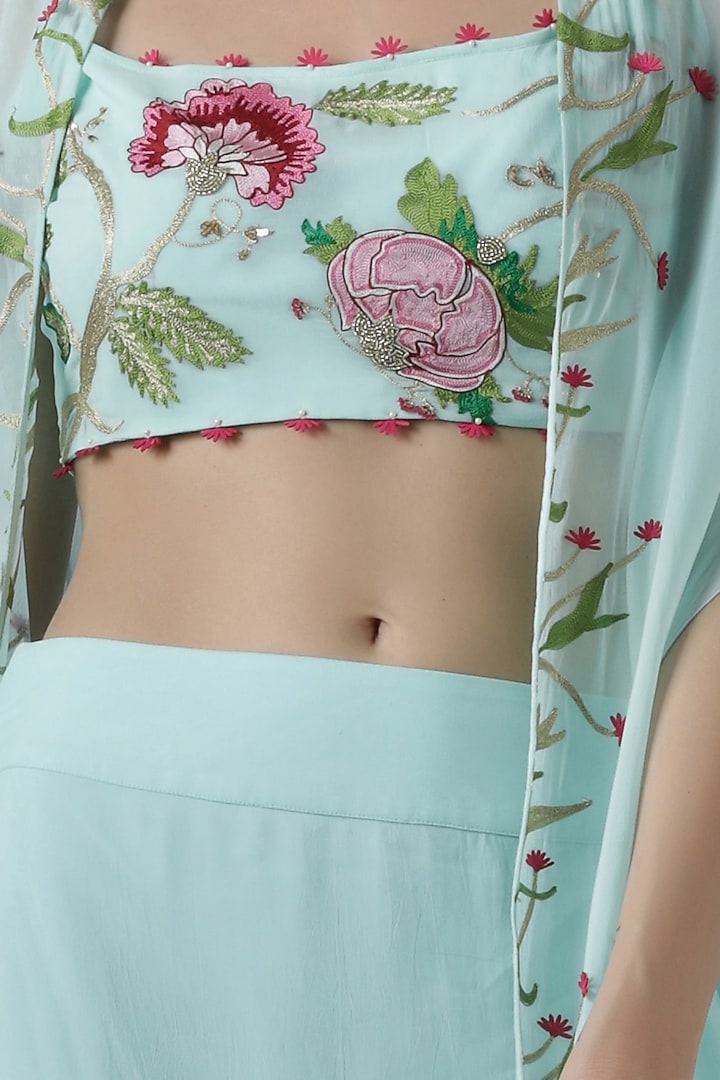 Mint embroidered crop top with skirt and cape by Limerick By Abirr N' Nanki at Pernia's Pop Up Shop