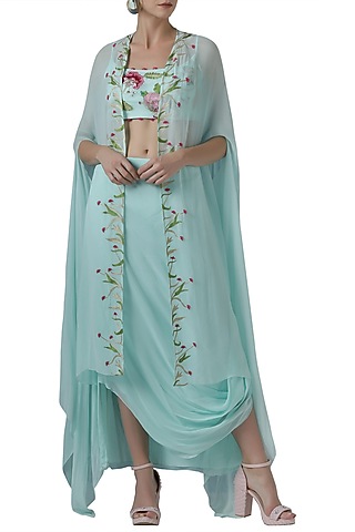 Mint embroidered crop top with skirt and cape by Limerick By Abirr N' Nanki