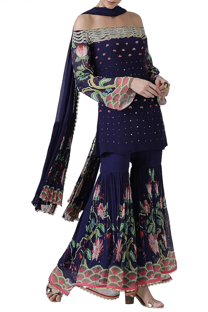 Navy blue embroidered printed kurta set by Limerick By Abirr N' Nanki at Pernia's Pop Up Shop