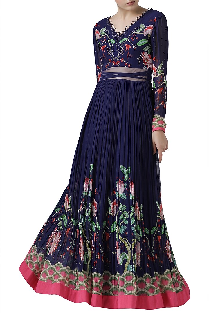 Navy blue embroidered printed Party Wear Gown by Limerick By Abirr N' Nanki at Pernia's Pop Up Shop