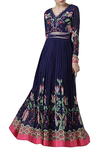 Navy blue embroidered printed gown by Limerick By Abirr N' Nanki