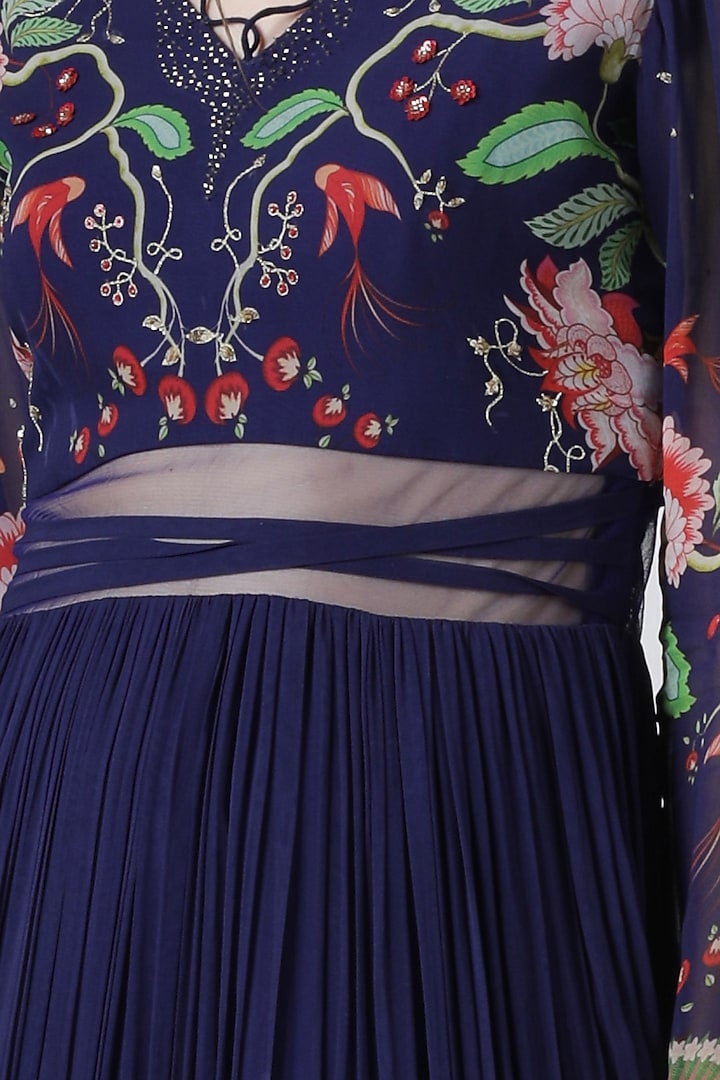 Navy blue embroidered printed Party Wear Gown by Limerick By Abirr N' Nanki at Pernia's Pop Up Shop