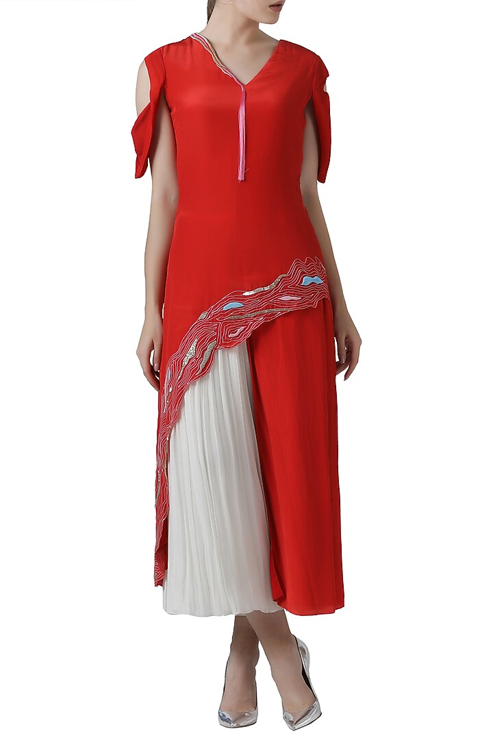 Red embroidered tunic with ivory pants by Limerick By Abirr N' Nanki at Pernia's Pop Up Shop