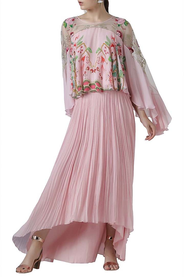 Pink embroidered cape top with skirt by Limerick By Abirr N' Nanki at Pernia's Pop Up Shop
