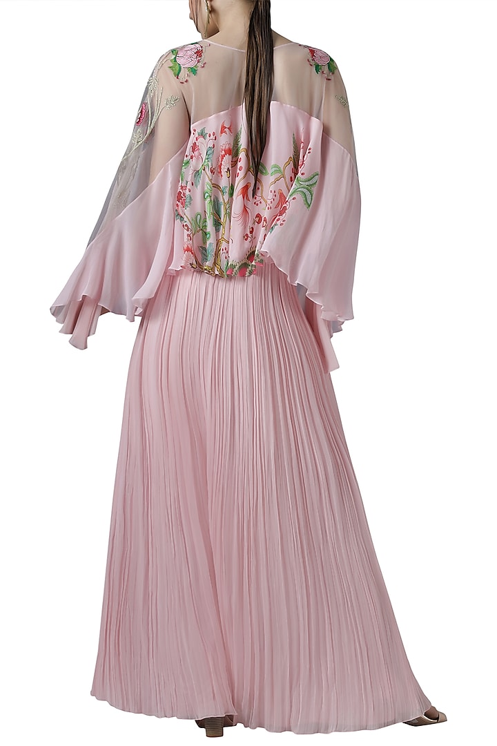 Pink embroidered cape top with skirt by Limerick By Abirr N' Nanki
