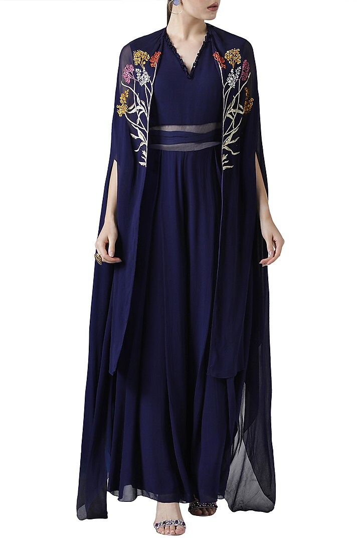 Navy blue embroidered jumpsuit with cape by Limerick By Abirr N' Nanki at Pernia's Pop Up Shop