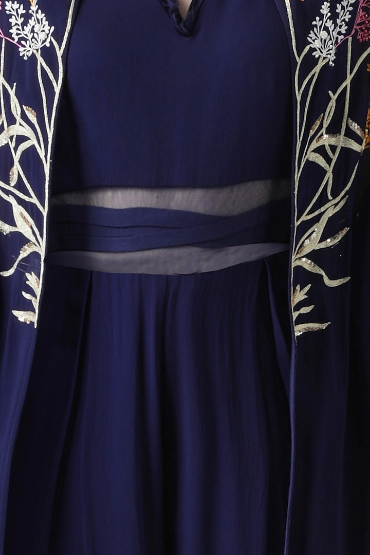 Navy blue embroidered jumpsuit with cape by Limerick By Abirr N' Nanki at Pernia's Pop Up Shop