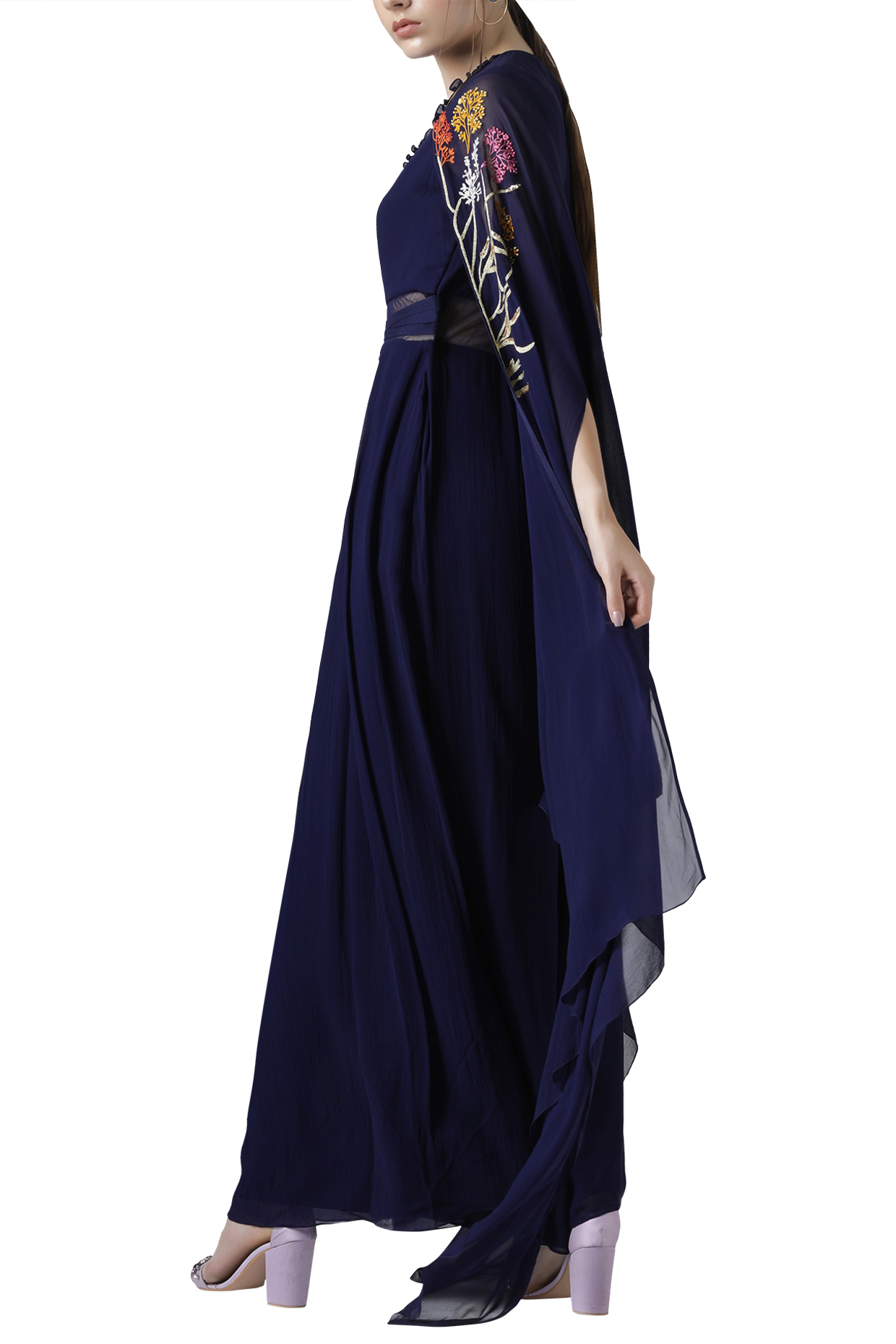 Navy blue embroidered jumpsuit with cape by Limerick By Abirr N' Nanki at Pernia's Pop Up Shop