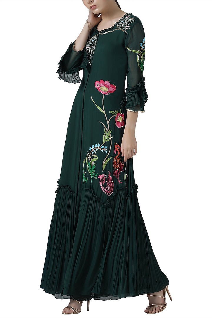 Deep green embroidered Wedding Anarkali set by Limerick By Abirr N' Nanki at Pernia's Pop Up Shop