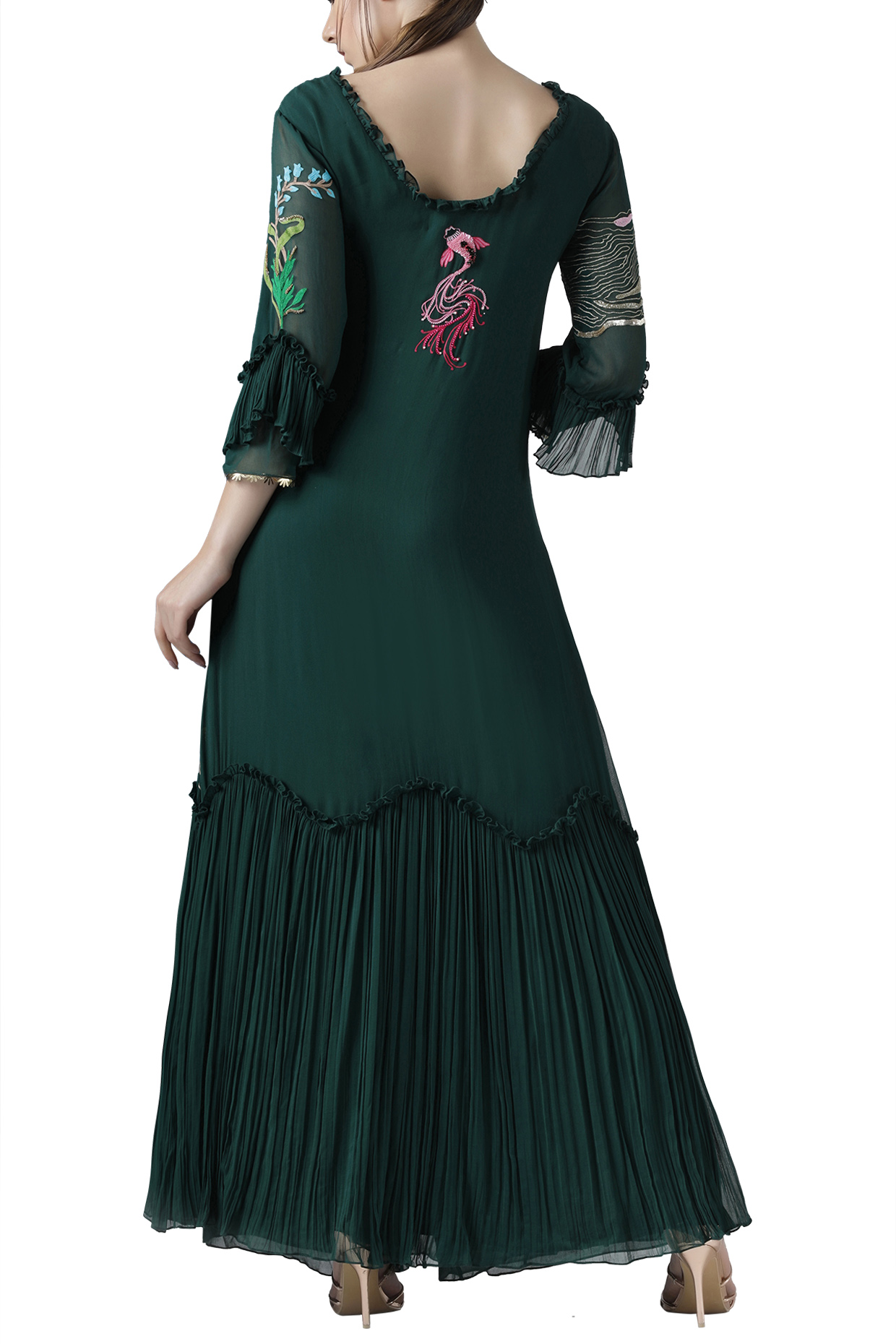 Deep green embroidered Wedding Anarkali set by Limerick By Abirr N' Nanki at Pernia's Pop Up Shop