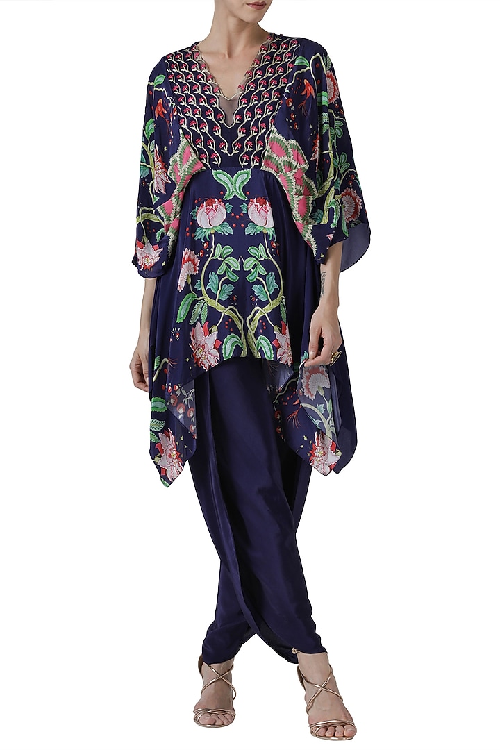 Navy blue embroidered tunic with dhoti pants by Limerick By Abirr N' Nanki at Pernia's Pop Up Shop