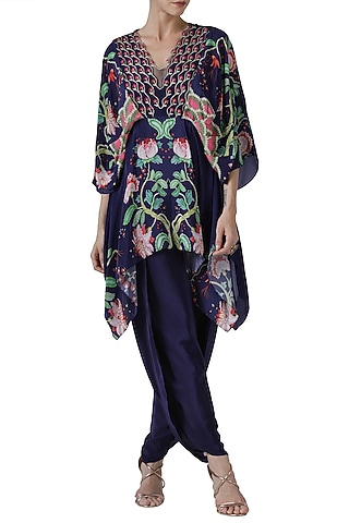 Navy blue embroidered tunic with dhoti pants by Limerick By Abirr N' Nanki