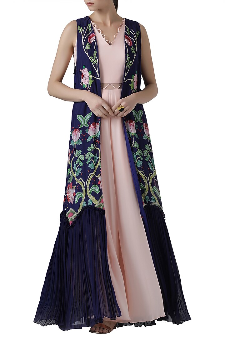 Blush pink jumpsuit with navy embroidered print cape by Limerick By Abirr N' Nanki at Pernia's Pop Up Shop