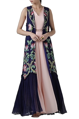 Blush pink jumpsuit with navy embroidered print cape by Limerick By Abirr N' Nanki