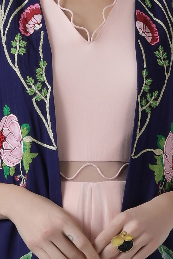 Blush pink jumpsuit with navy embroidered print cape by Limerick By Abirr N' Nanki at Pernia's Pop Up Shop