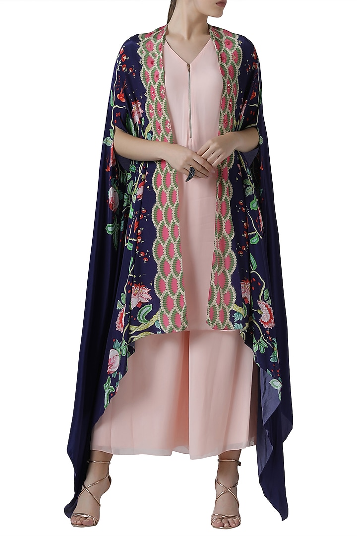 Blush pink kurta and palazzo with navy embroidered print cape by Limerick By Abirr N' Nanki at Pernia's Pop Up Shop