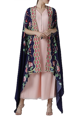 Blush pink kurta and palazzo with navy embroidered print cape by Limerick By Abirr N' Nanki