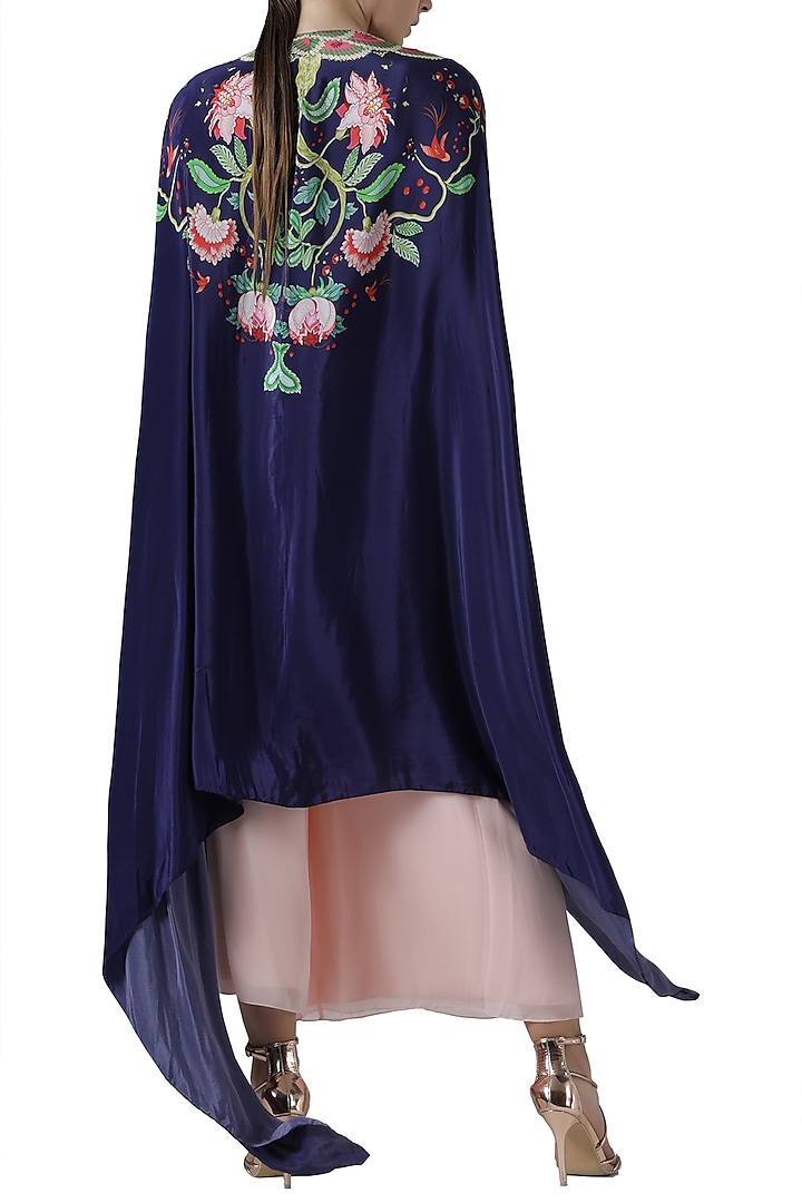 Blush pink kurta and palazzo with navy embroidered print cape by Limerick By Abirr N' Nanki