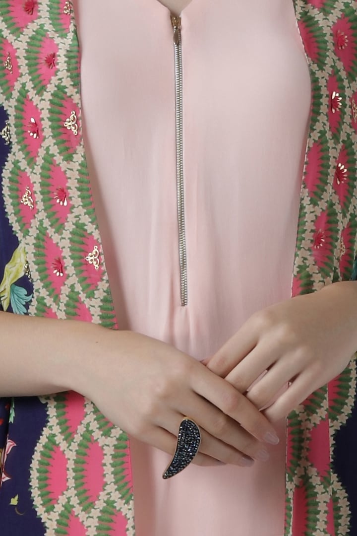 Blush pink kurta and palazzo with navy embroidered print cape by Limerick By Abirr N' Nanki at Pernia's Pop Up Shop