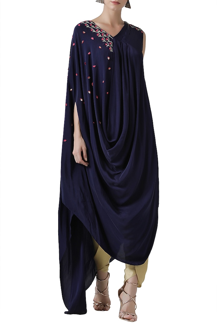 Navy blue embroidered drape tunic with gold tulip pants by Limerick By Abirr N' Nanki at Pernia's Pop Up Shop