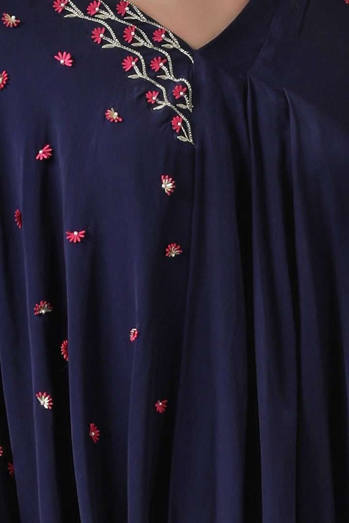 Navy blue embroidered drape tunic with gold tulip pants by Limerick By Abirr N' Nanki at Pernia's Pop Up Shop