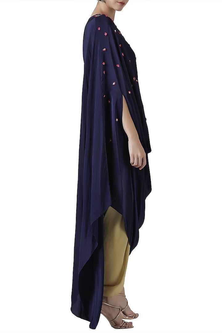 Navy blue embroidered drape tunic with gold tulip pants by Limerick By Abirr N' Nanki