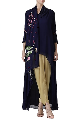 Navy blue embroidered tunic with gold dhoti pants by Limerick By Abirr N' Nanki