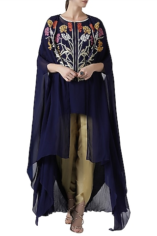 Navy blue embroidered tunic and cape with gold dhoti pants by Limerick By Abirr N' Nanki