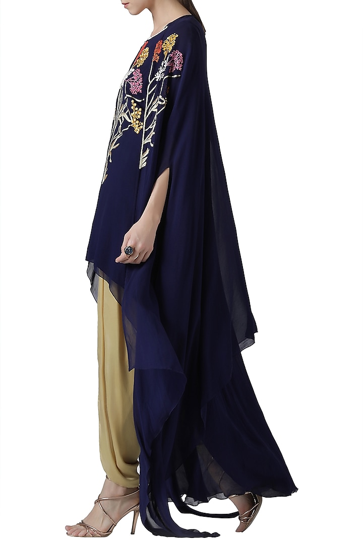 Navy blue embroidered tunic and cape with gold dhoti pants by Limerick By Abirr N' Nanki